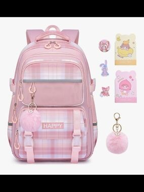 Kids Pink Plaid Backpack with Pom Pom Keychain - HAPPY